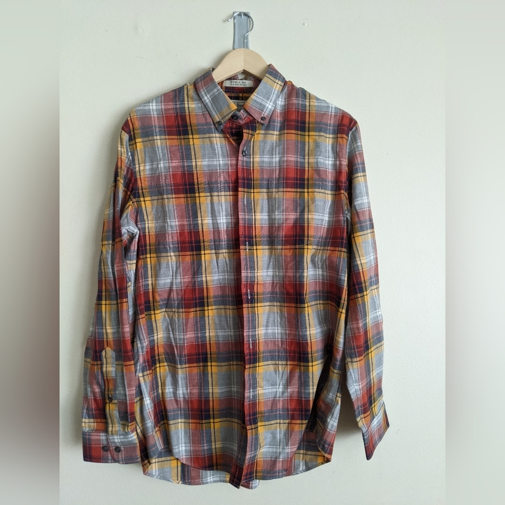 L.L. Bean Plaid Button Front Shirt Wrinkle Free Reg Cotton M